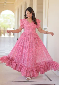 Digital Printed Georgette Maxi Dress in Pink
