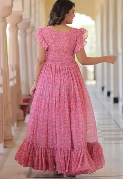 Digital Printed Georgette Maxi Dress in Pink