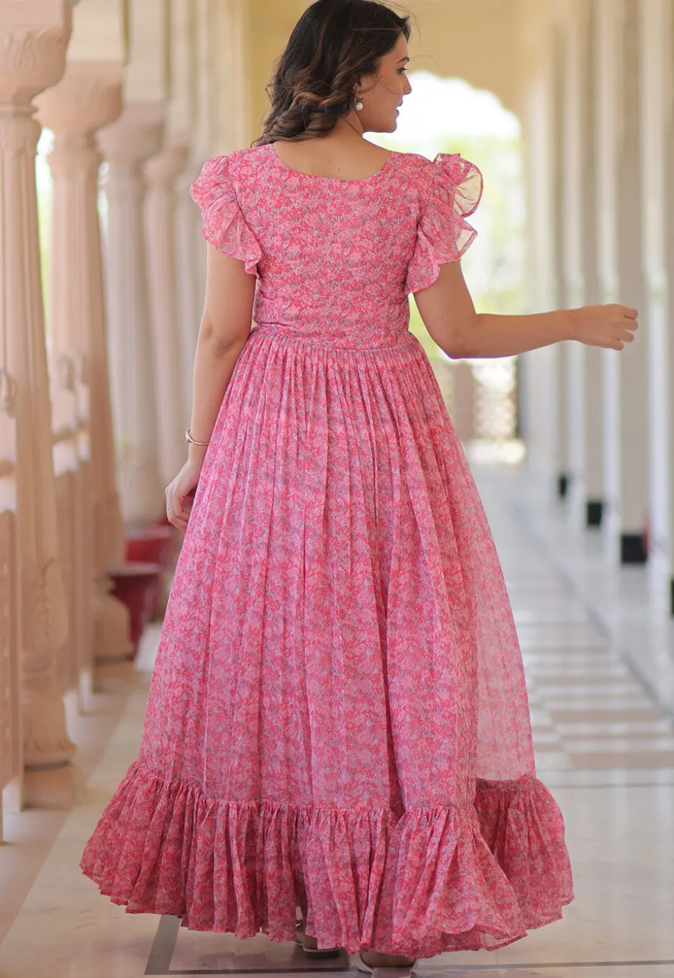 Digital Printed Georgette Maxi Dress in Pink