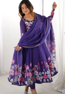 Digital Printed Georgette A Line Suit in Purple