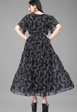 Digital Printed Georgette Maxi Dress in Black