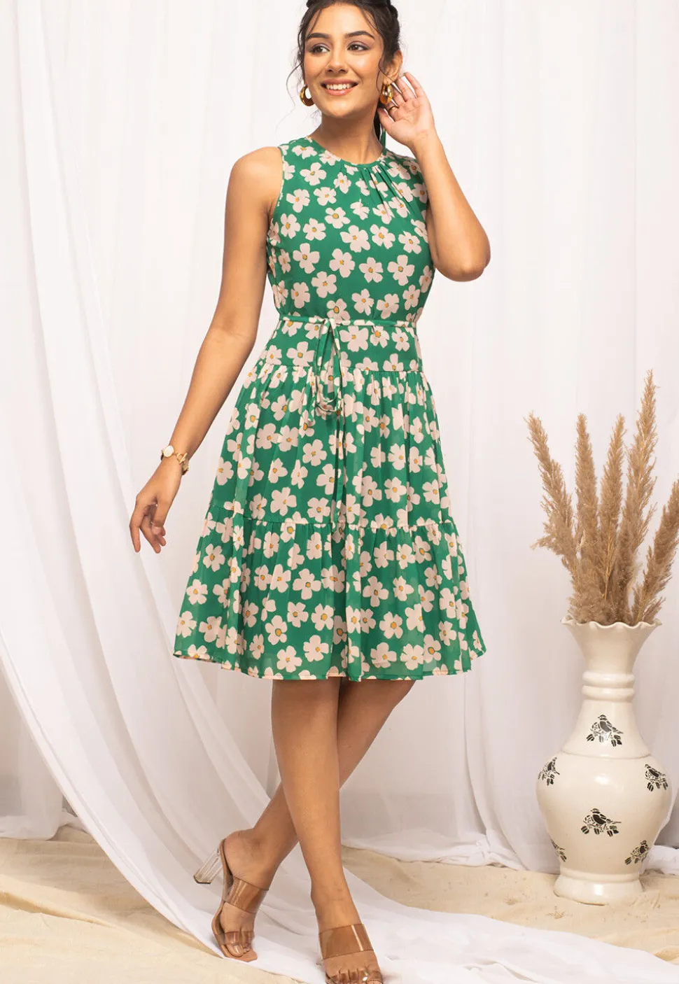 Digital Printed Georgette Short Dress in Green