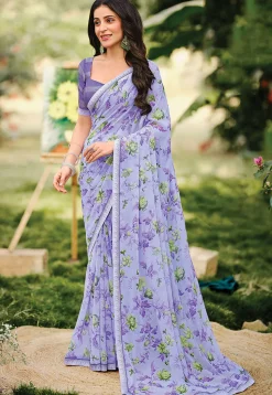 Digital Printed Georgette Saree in Purple
