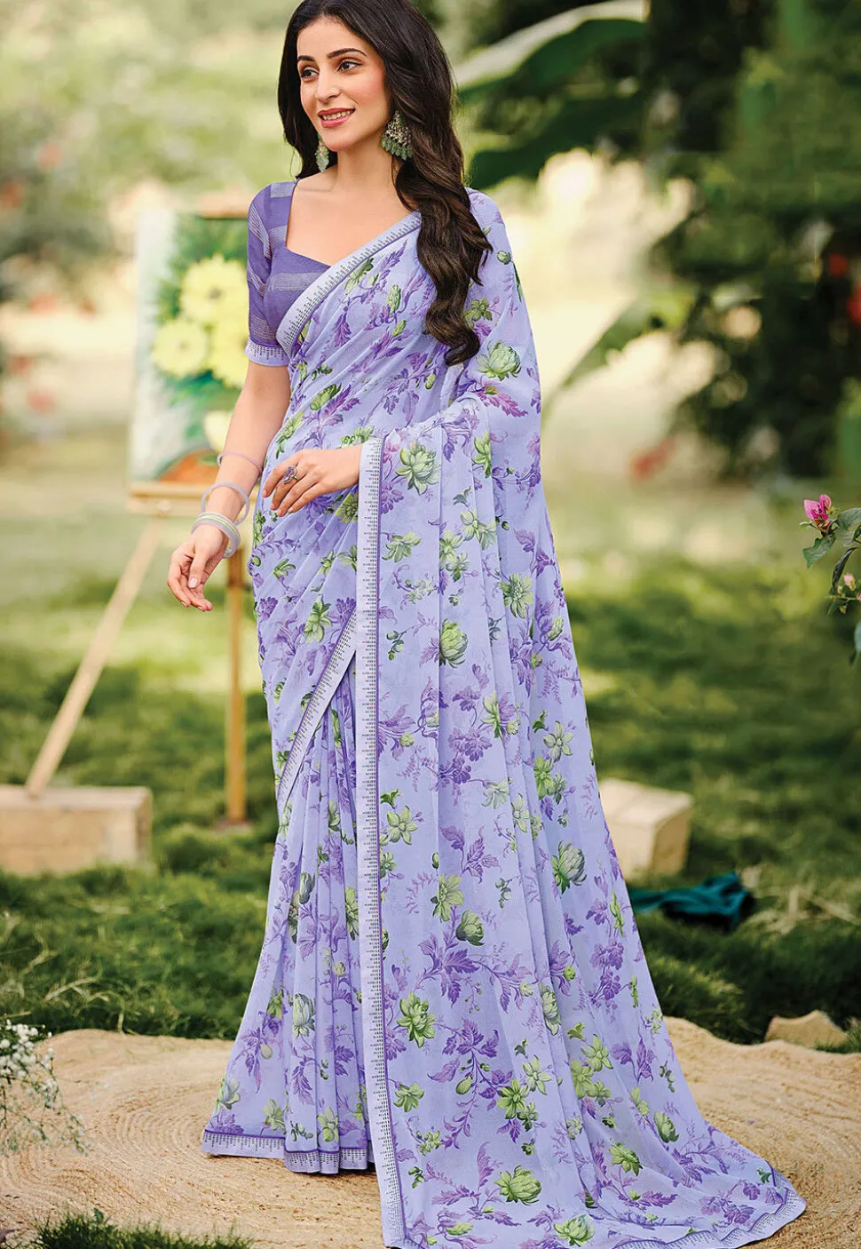 Digital Printed Georgette Saree in Purple