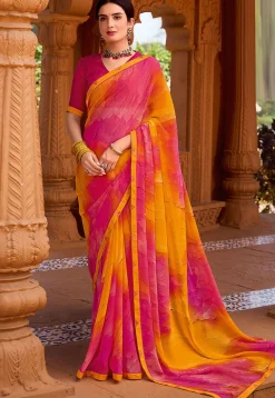 Digital Printed Georgette Saree in Pink and Yellow