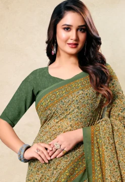 Digital Printed Georgette Saree in Cream and Green