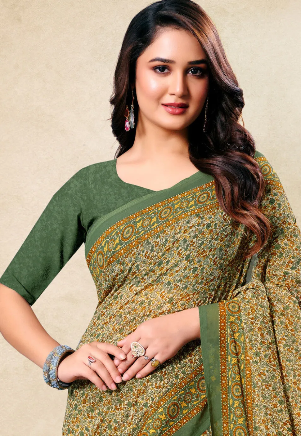 Digital Printed Georgette Saree in Cream and Green