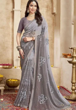 Digital Printed Georgette Saree in Grey