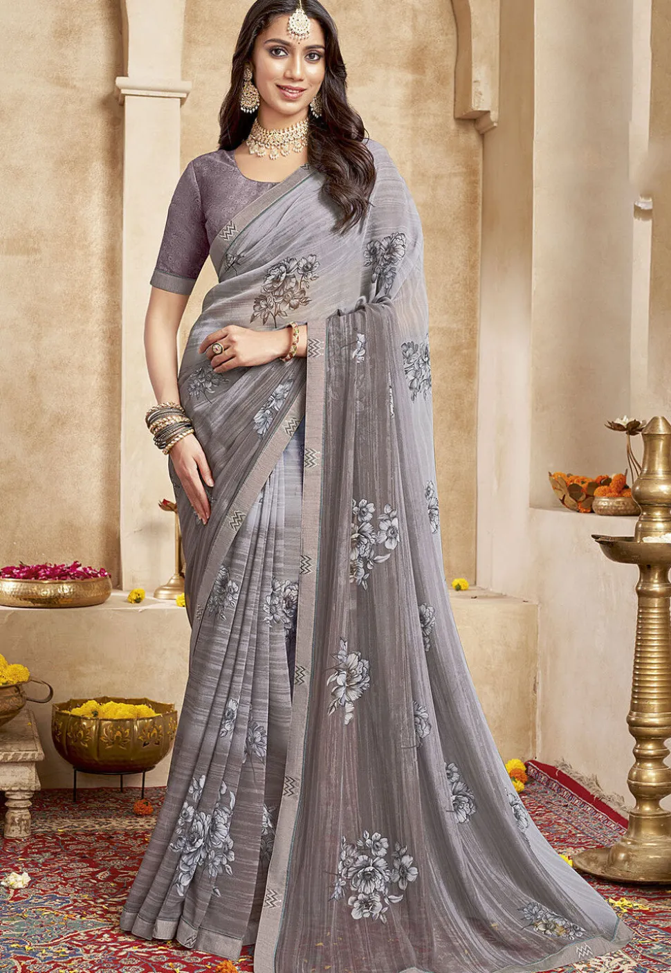 Digital Printed Georgette Saree in Grey