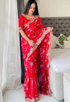 Digital Printed Georgette Scalloped Saree in Red