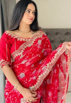 Digital Printed Georgette Scalloped Saree in Red