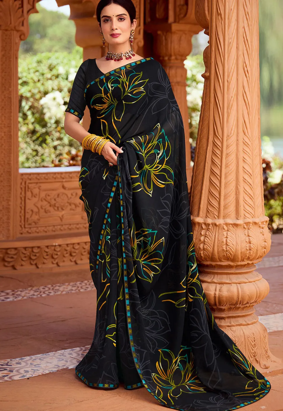 Digital Printed Georgette Saree in Black