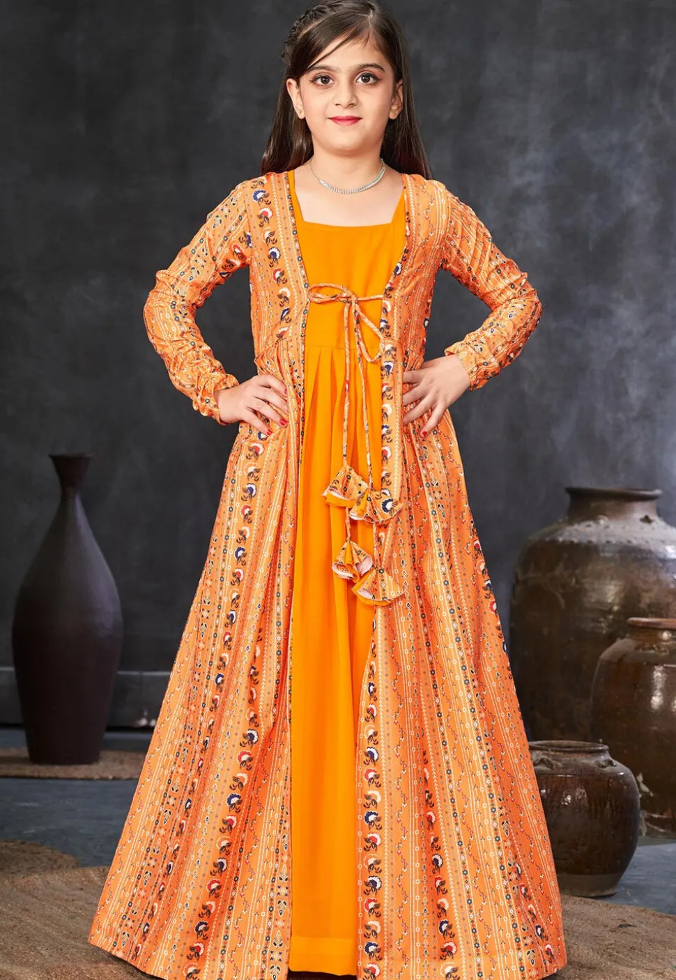 Digital Printed Georgette Gown in Mustard