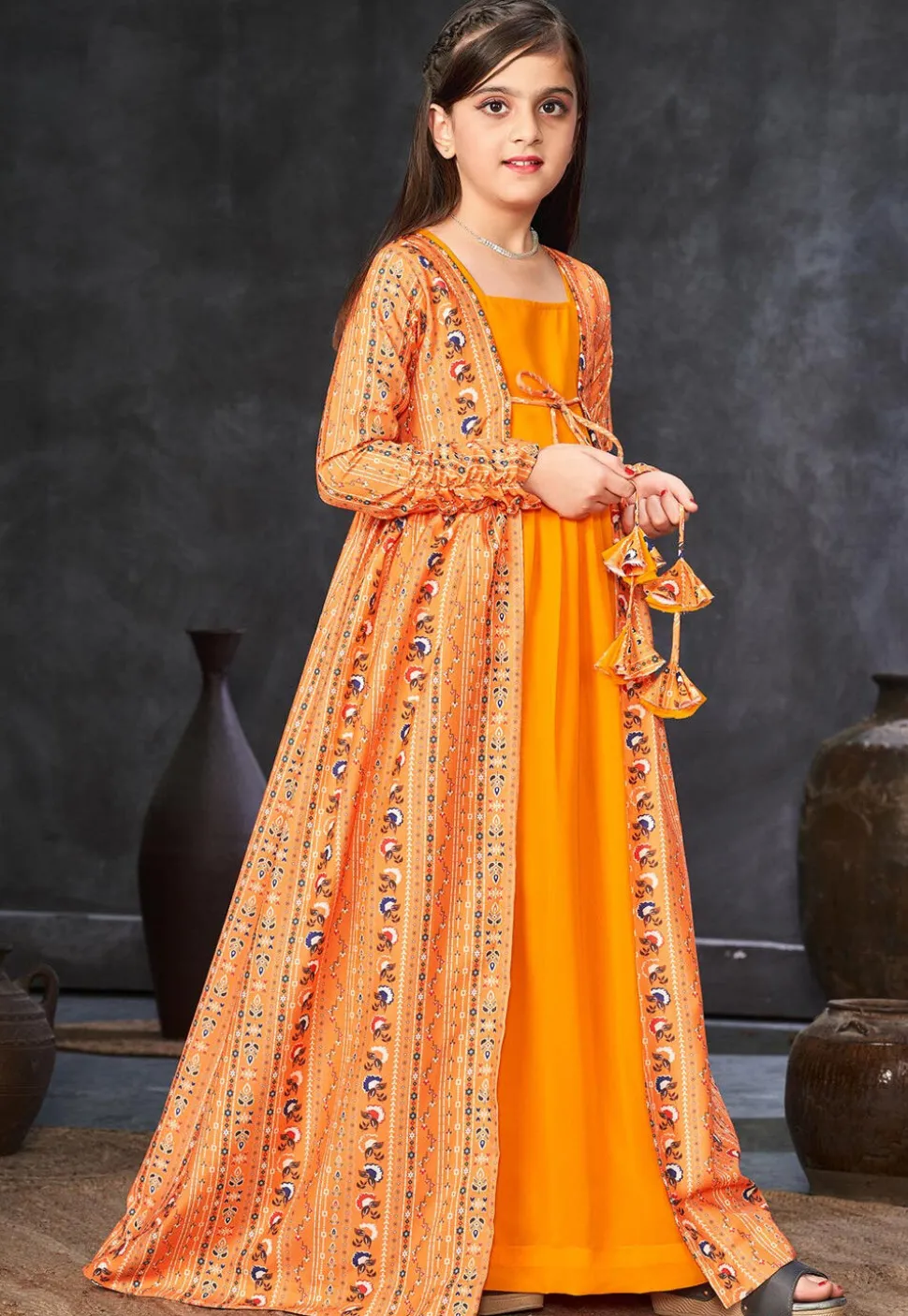 Digital Printed Georgette Gown in Mustard