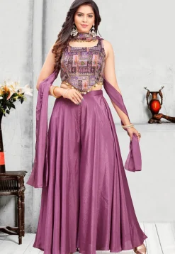 Digital Printed Georgette Crop Top Set in Purple
