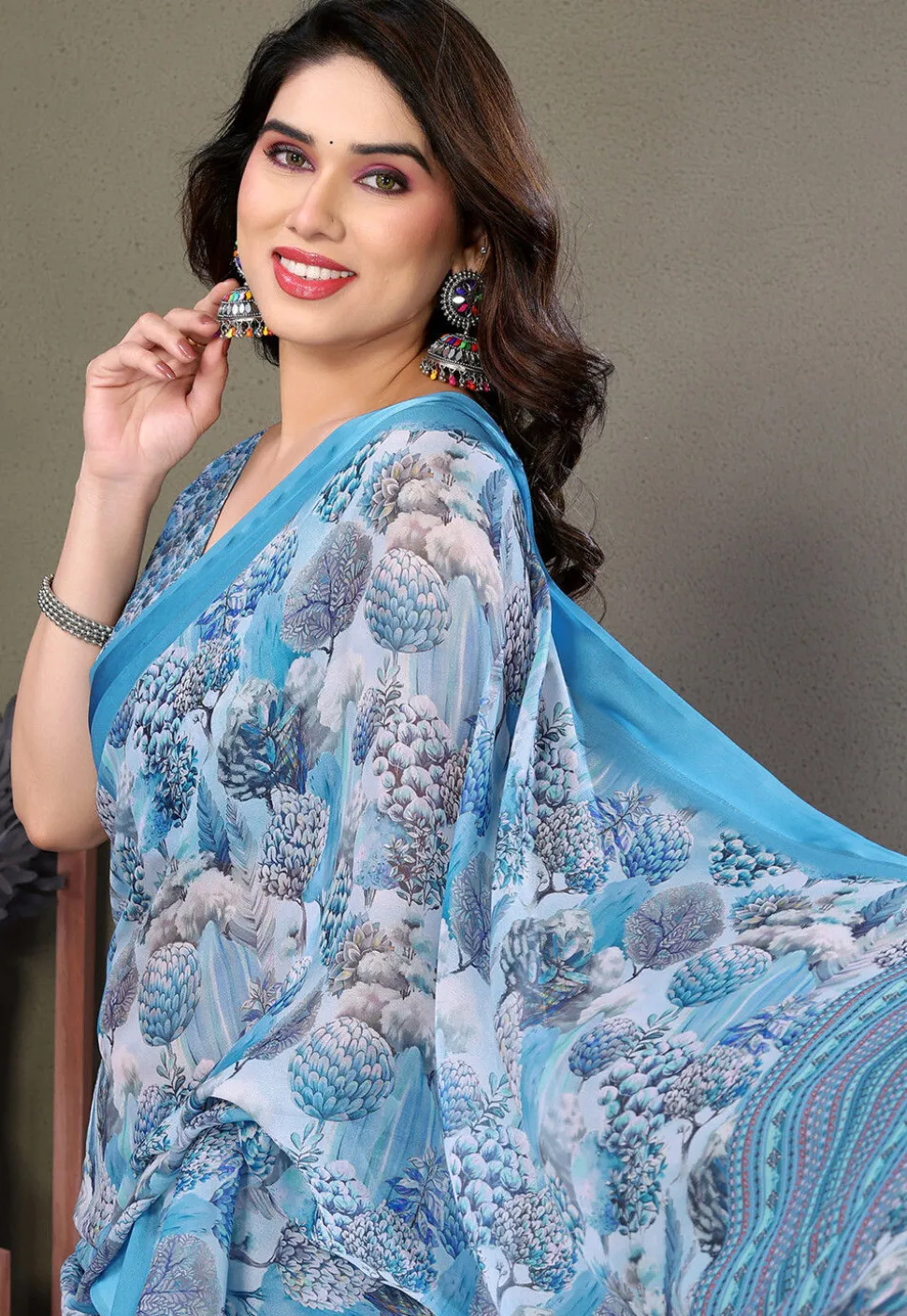 Digital Printed Georgette Saree in Light Blue