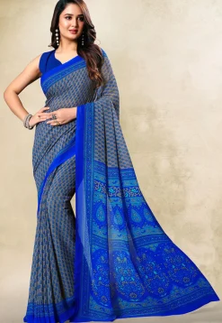 Digital Printed Georgette Saree in Light Grey