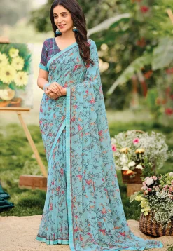 Digital Printed Georgette Saree in Light Blue