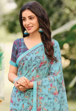Digital Printed Georgette Saree in Light Blue
