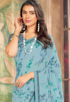 Digital Printed Georgette Saree in Dusty Blue