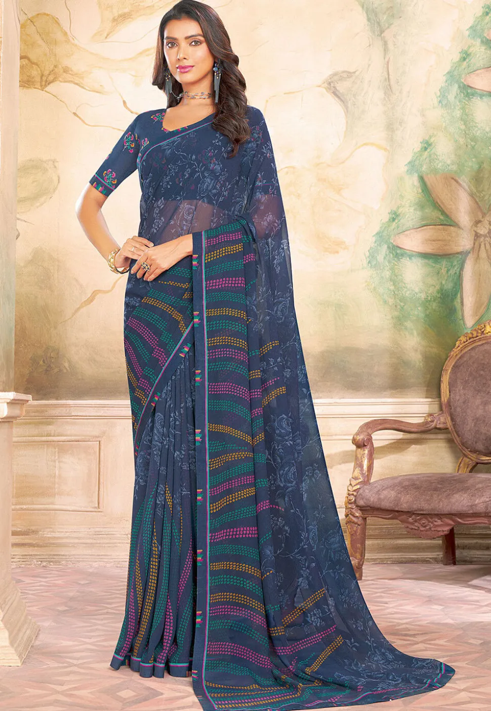 Digital Printed Georgette Saree in Blue
