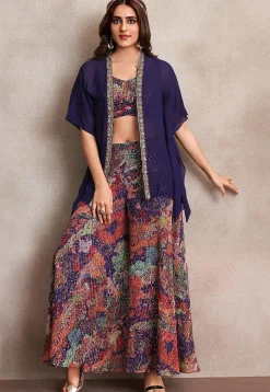 Digital Printed Georgette Crop Top Set in Multicolor