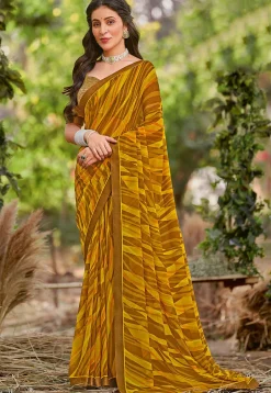 Digital Printed Georgette Saree in Mustard