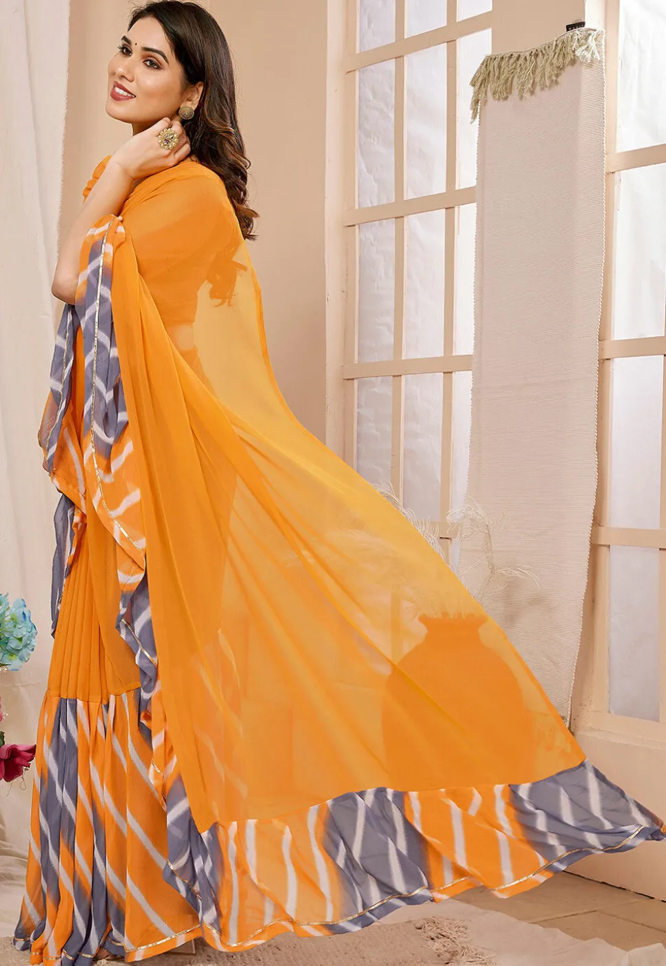 Digital Printed Georgette Saree in Orange