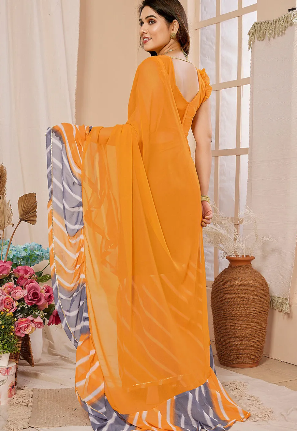 Digital Printed Georgette Saree in Orange