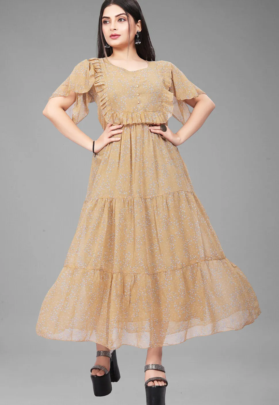 Digital Printed Georgette Maxi Dress in Beige