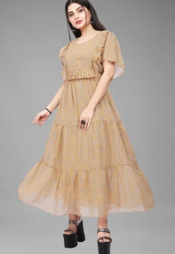 Digital Printed Georgette Maxi Dress in Beige