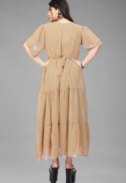 Digital Printed Georgette Maxi Dress in Beige