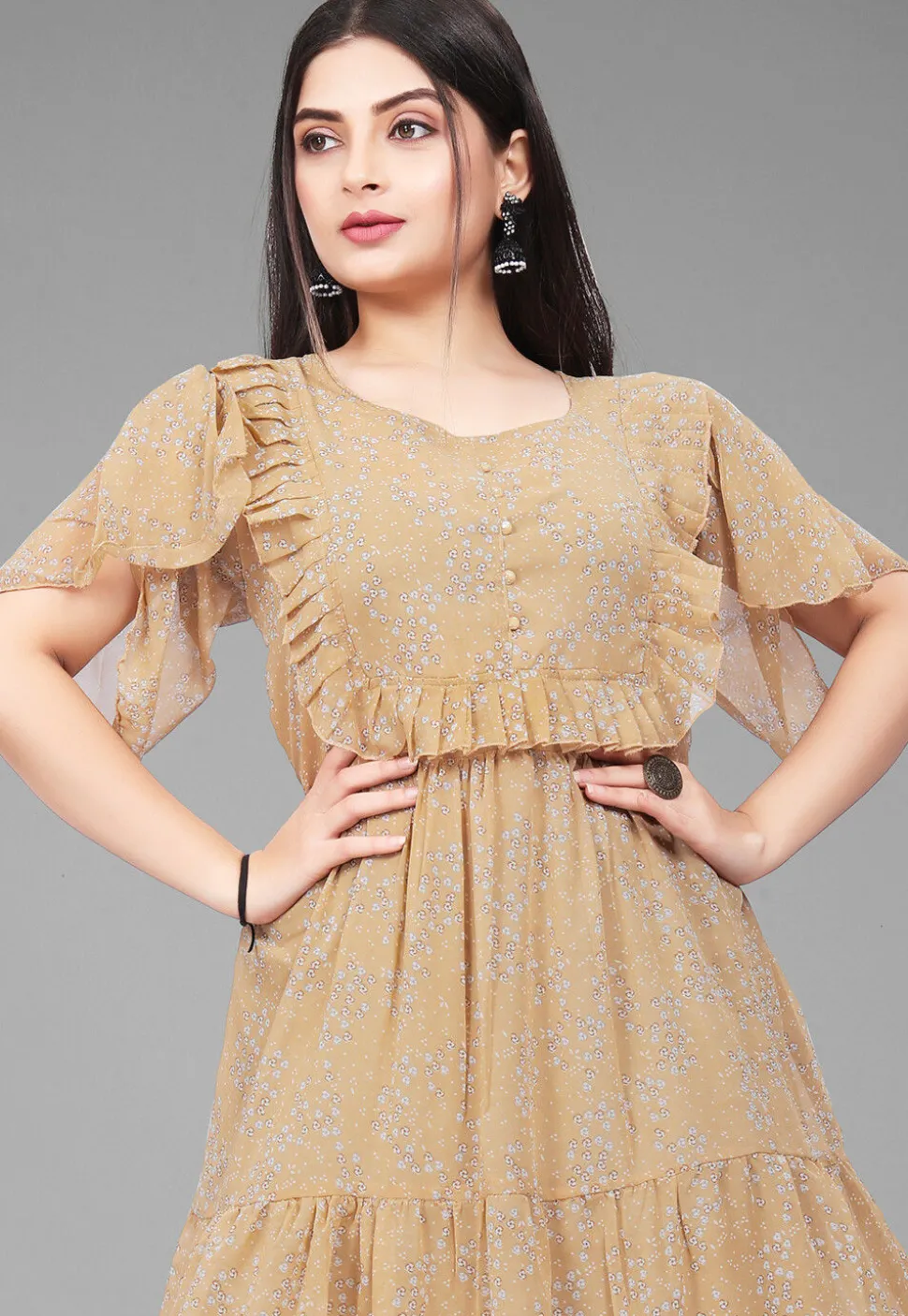 Digital Printed Georgette Maxi Dress in Beige