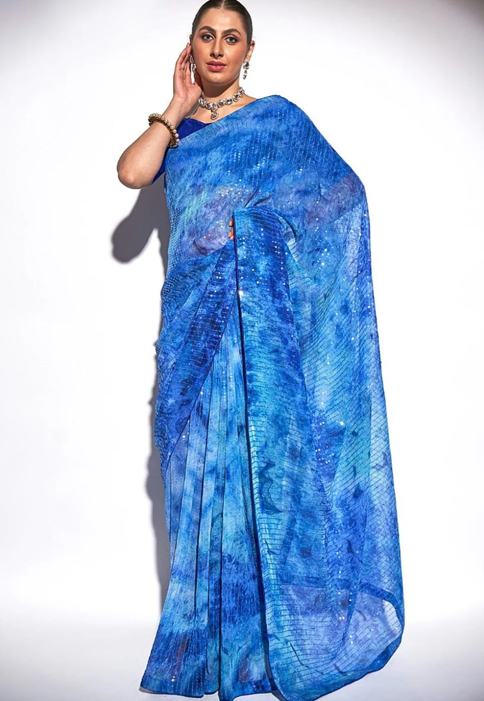 Digital Printed Georgette Saree in Blue
