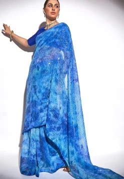 Digital Printed Georgette Saree in Blue