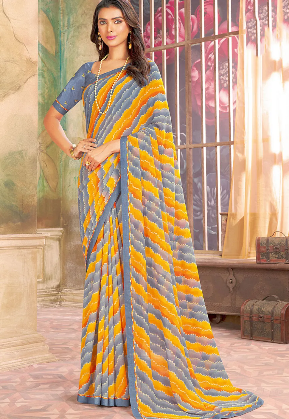 Digital Printed Georgette Saree in Mustard and Grey