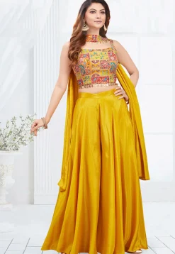 Digital Printed Georgette Crop Top Set in Mustard
