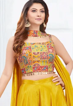 Digital Printed Georgette Crop Top Set in Mustard