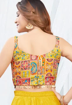 Digital Printed Georgette Crop Top Set in Mustard