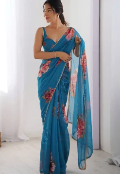 Digital Printed Georgette Saree in Blue