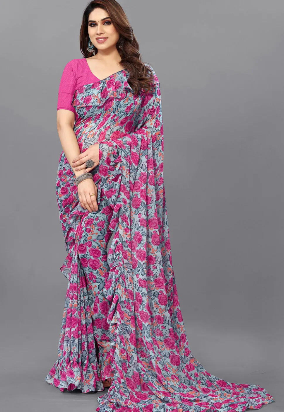 Digital Printed Georgette Saree in Grey