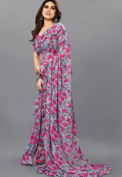 Digital Printed Georgette Saree in Grey