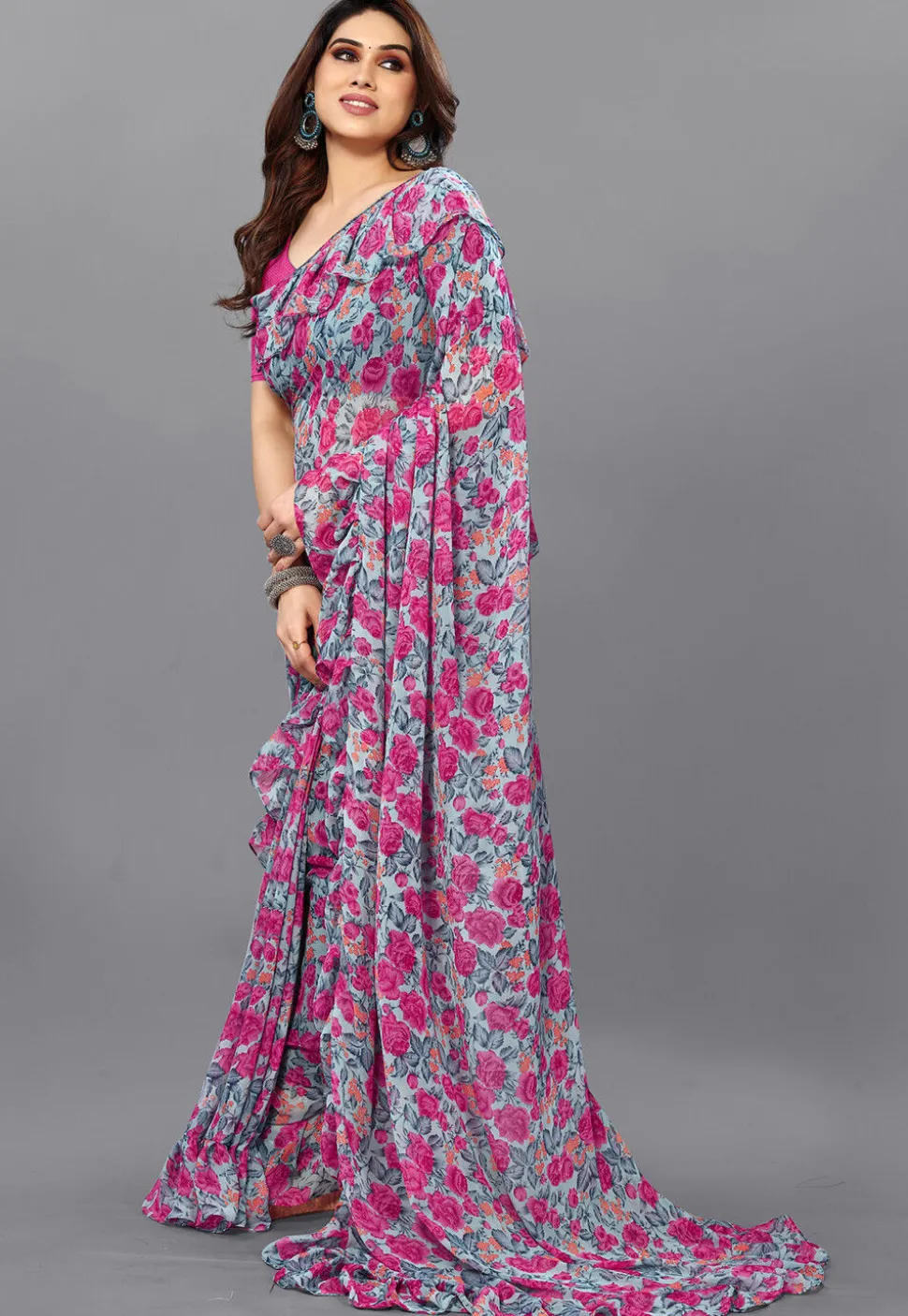 Digital Printed Georgette Saree in Grey