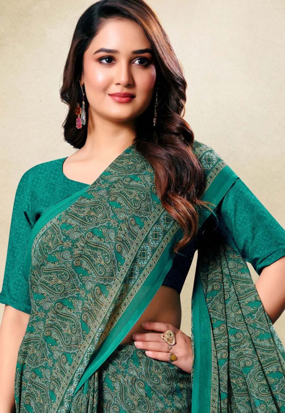 Digital Printed Georgette Saree in Teal Green