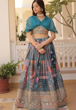 Digital Printed Georgette Lehenga in Teal Blue