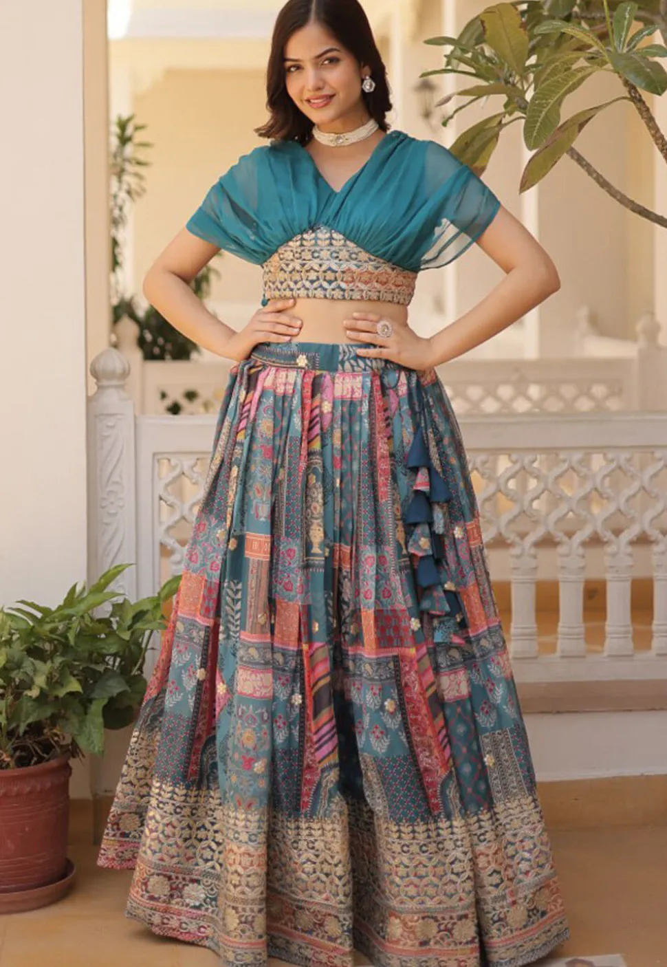 Digital Printed Georgette Lehenga in Teal Blue