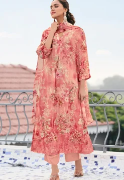 Digital Printed Georgette Scalloped Pakistani Suit in Peach