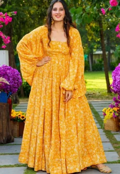 Digital Printed Georgette Gown in Mustard