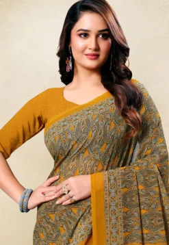Digital Printed Georgette Saree in Mustard