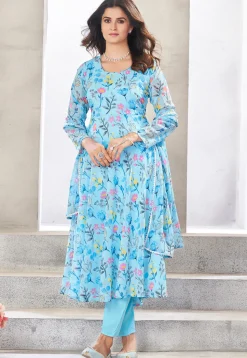 Digital Printed Georgette A Line Suit in Sky Blue